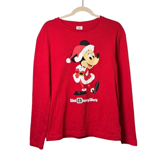 Disney Parks Mickey Mouse Santa Red Festive Thermal Long Sleeve Adult L 21x26 - Picture 1 of 7